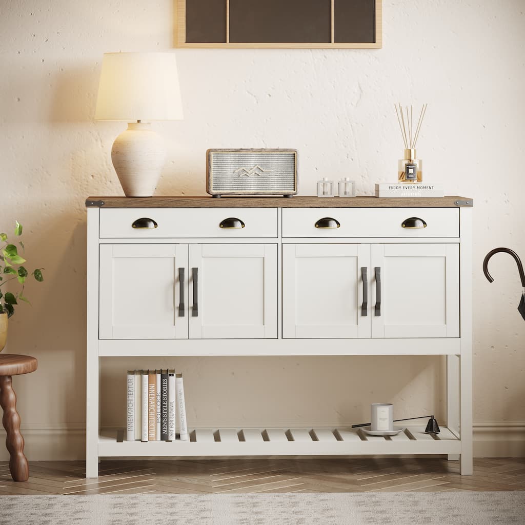 47'' Modern Farmhouse Console Storage Table - Two Drawers, Four-Door Cabinet with Adjustable Shelves & Slatted Display Shelf