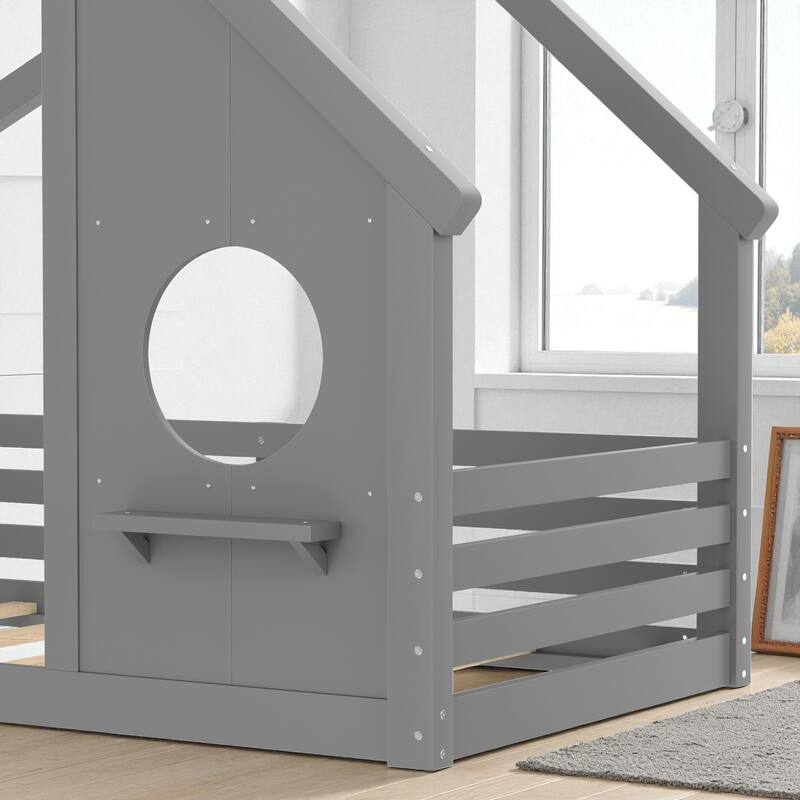 Twin/Full Size Solid Wood House Floor Bed with Window and Shelf, Montessori Low Bed Frame for Kids, No Box Spring Needed