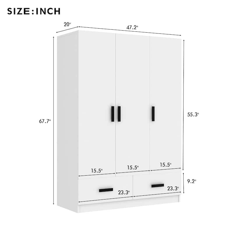 Roomfitters 3-Door Wardrobe Closet with Hanging Rod, Multi-Tier Shelves and Hidden Storage Compartments, White