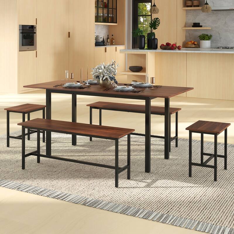 Gymax 5 PCS Dining Table Set for 4-6 w/ 2 Benches & 2 Stools Metal