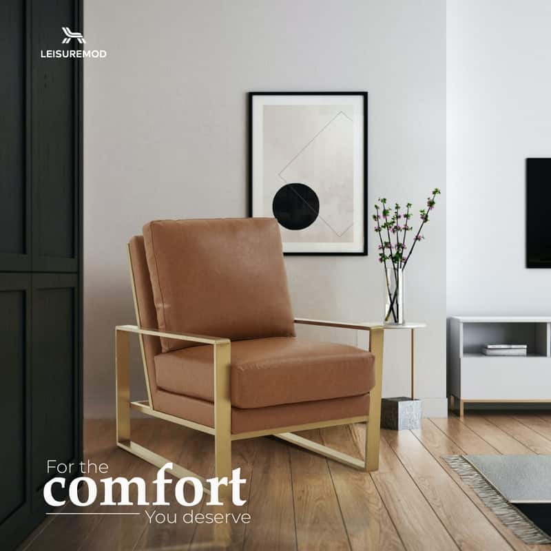 Jefferson Contemporary Leather Accent Armchair with Brushed Gold Base, Removable Cushions, and Durable Spring-Supported Seat