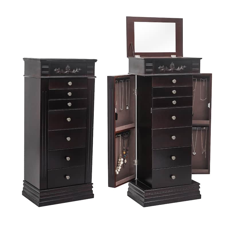 Large Mirror Jewelry Armoire Front Storage Chest Stand Organizer with 8 Drawers - Brown