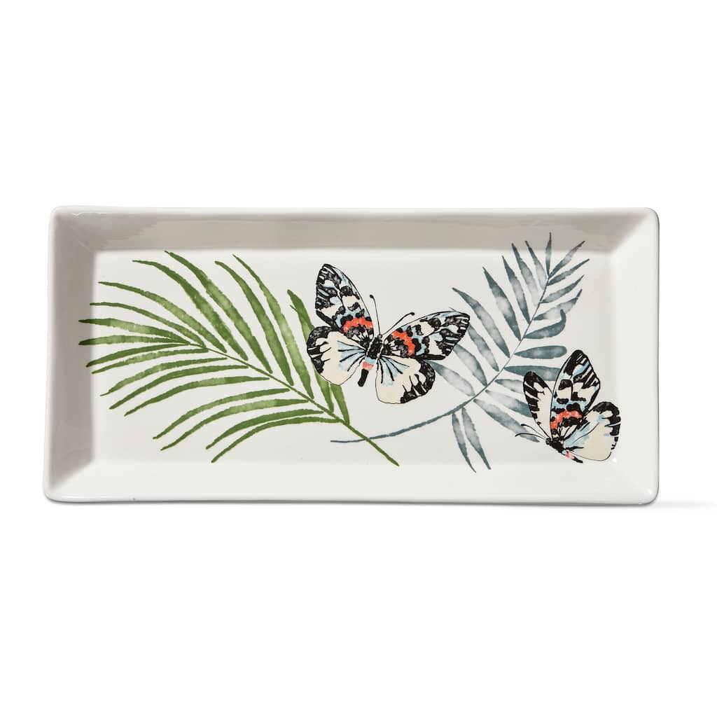 Palm and Butterfly Multicolor Ceramic Serving Platter 18 x 8.75 x 1.5 in Dishwasher Safe Perfect for Summer Gatherings