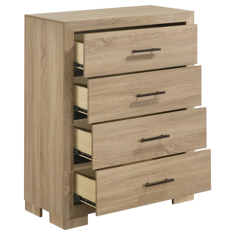 Poxy Tall Dresser Chest with 4 Drawers, Nickel Metal, Oak Brown Wood