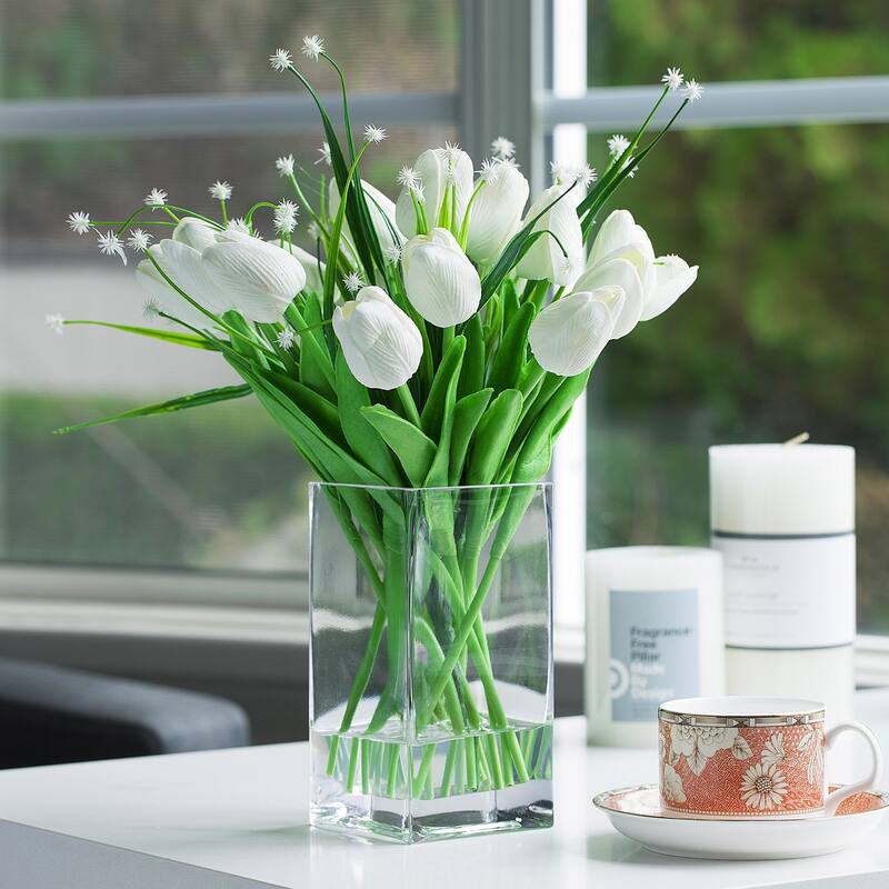 Enova Home Mixed Real Touch Tulip and Star Grasses Artificial Flowers Arrangement in Rectangular Glass Vase for Home Decór - White