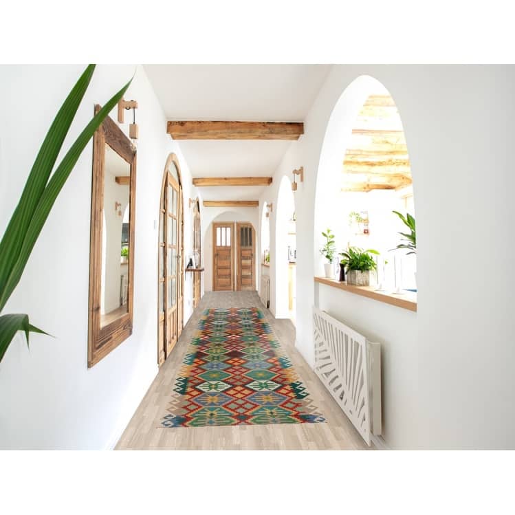 Multicolored Kilim Runner Rug Hand-Woven Geometric Wool Carpet - 2'10" x 16'0"
