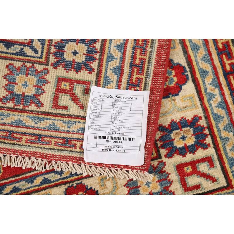 Red Kazak Foyer Rug Hand-Knotted Geometric Wool Carpet - 3'0"x 4'0"