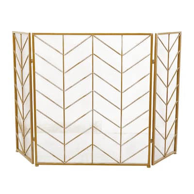 Metal Geometric Foldable Mesh Netting 3 Panel Fireplace Screen with Chevron Pattern - Gold, Black or Silver - Roche River Decor