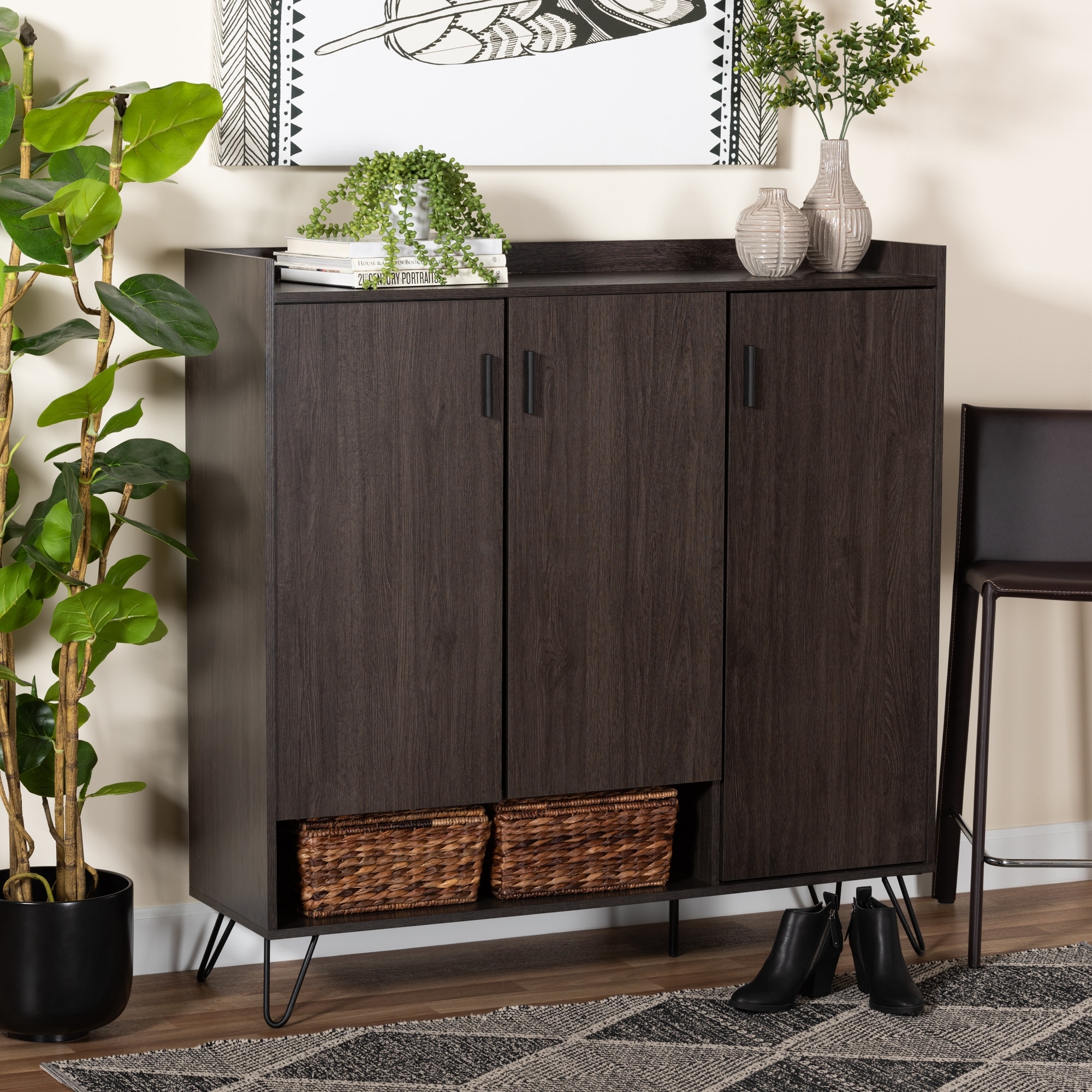 Baldor Modern Dark Brown Finished Wood 3-Door Shoe Cabinet