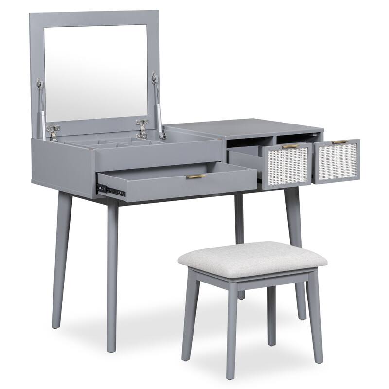 43.3" Classic Wood Makeup Vanity Set with Flip-top Mirror and Stool