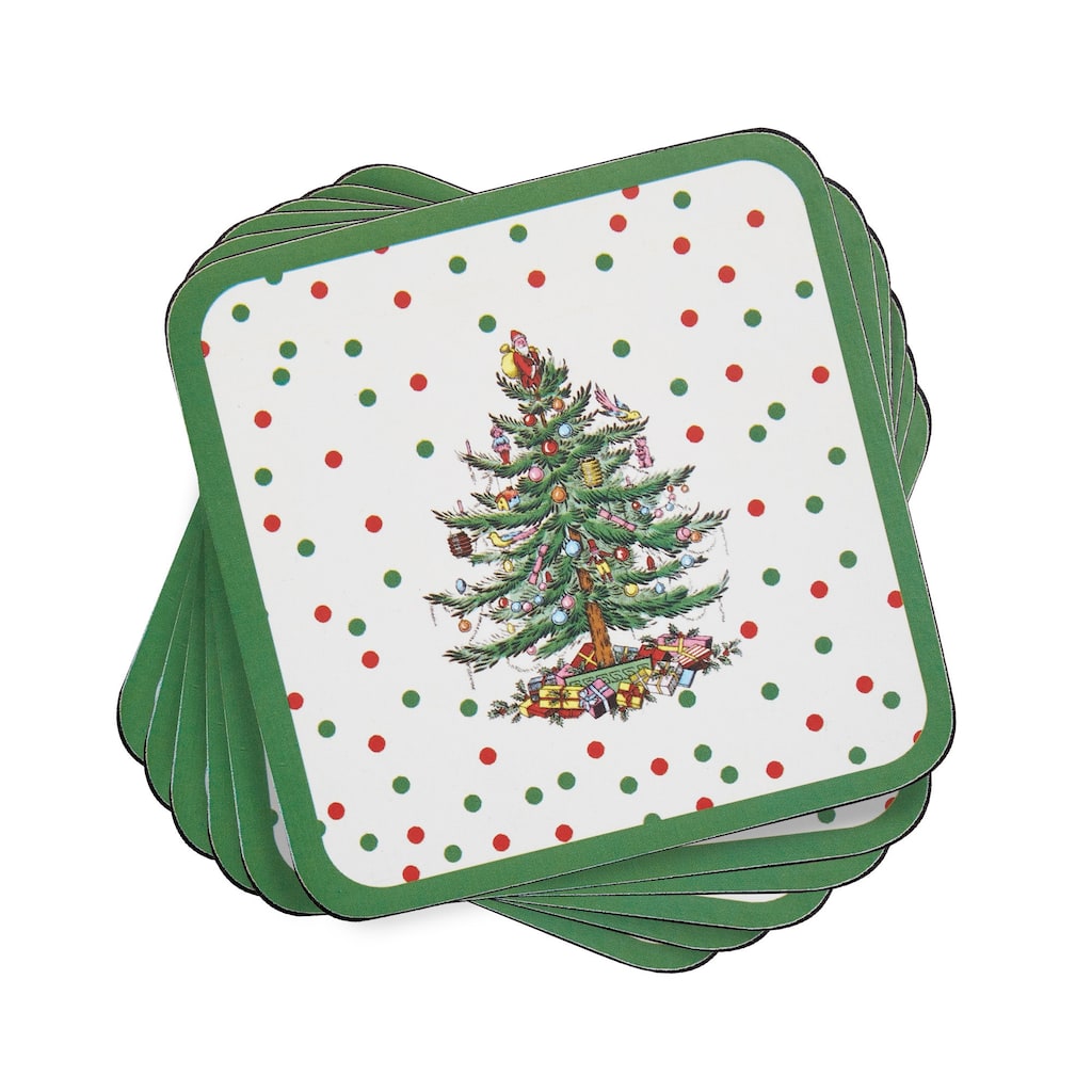Pimpernel Set of 6 Christmas Tree Polka Dot Coasters - 4" L x 4" W