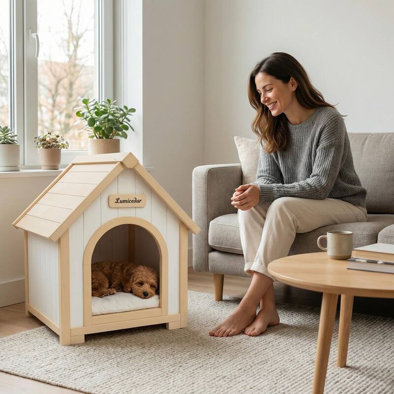 Modern Indoor Wooden Dog House with EVA Cushion, Solid Cedar Pet House for Small Dogs & Cats