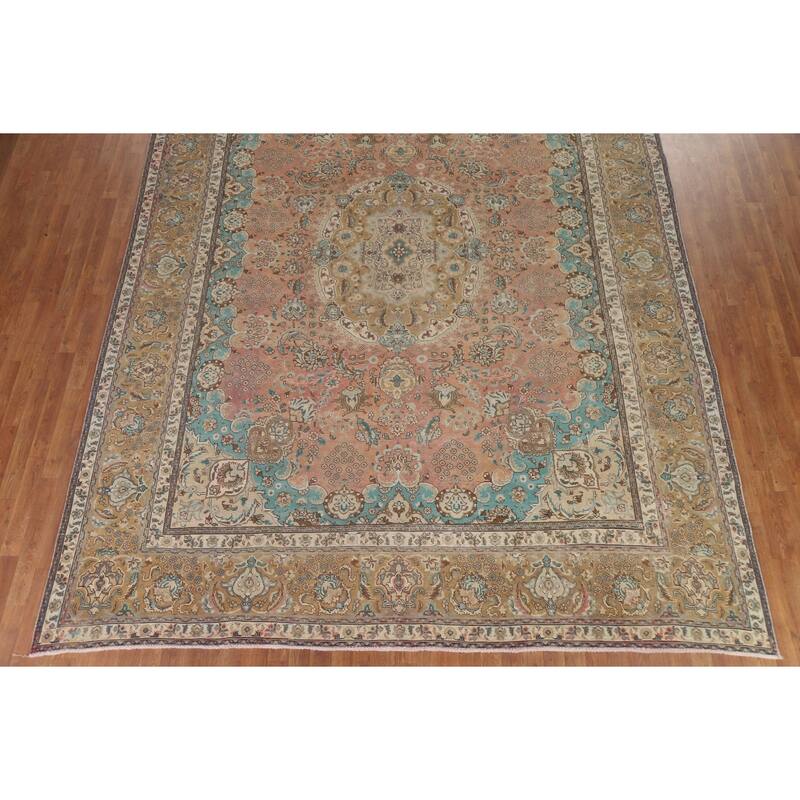 Hand Knotted Oriental 100% Wool Carpet Traditional Floral Pink Tabriz Area Rug - 12' 7'' X 9' 9''
