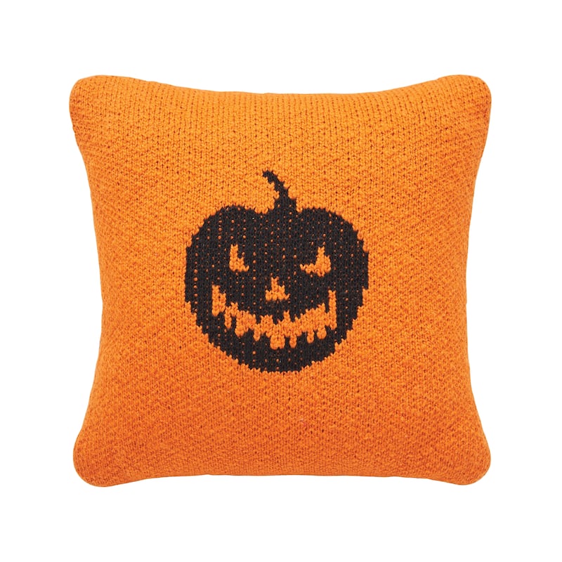 10" x 10" Jack-O-Lantern Orange & Black Reversible Halloween Small/Petite Knit Accent Pillow