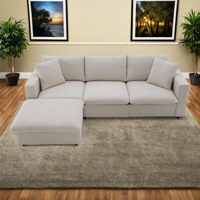 101" L-Shaped Polyester Sectional Sofa with 4-Seat Cloud Couch and Movable Ottoman & Pocket Spring Cushions (300lb Capacity) - Beige