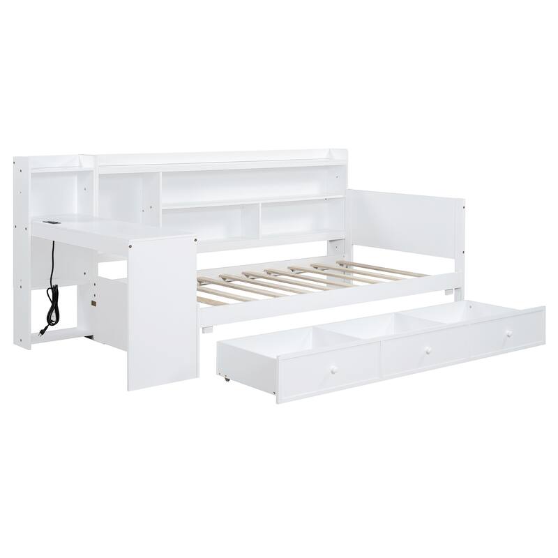 White Twin Size Wooden Daybed with Drawers, USB Ports, and Desk