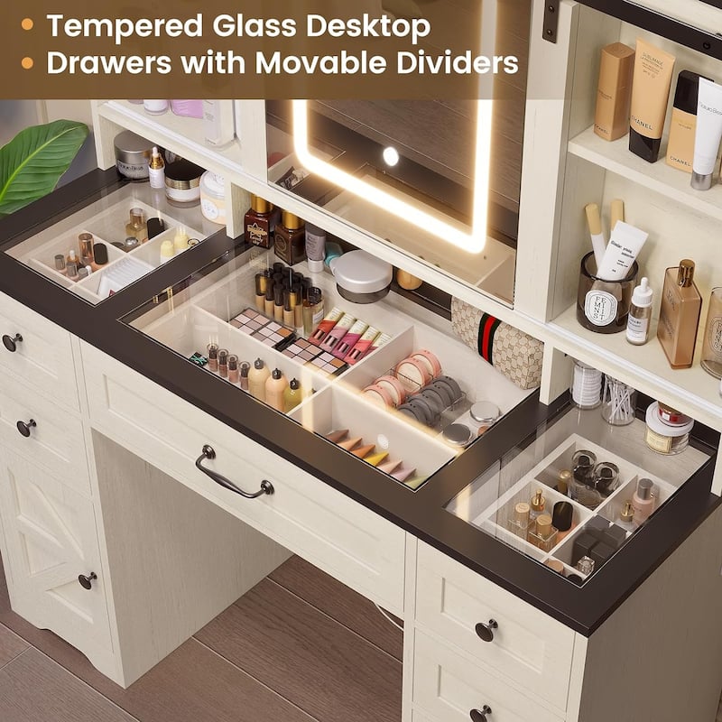 Vanity Desk Barn-Door Sliding Mirror & Power Outlet Glass Top