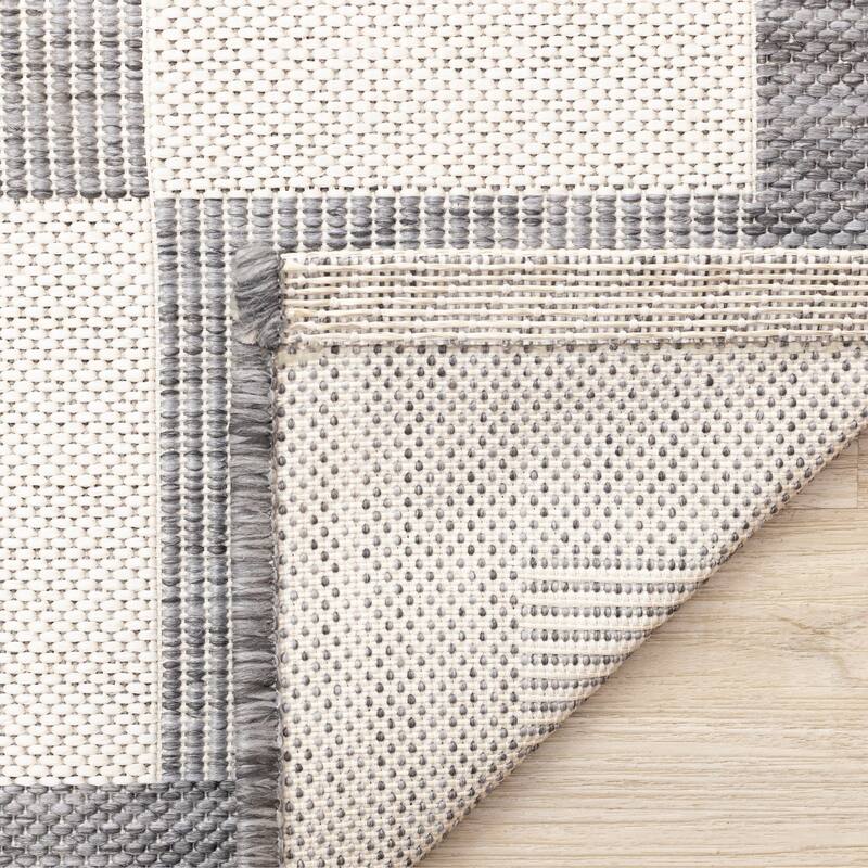 Jackson Collection - Grey Cream Border Checkerboard Indoor Outdoor Area Rug