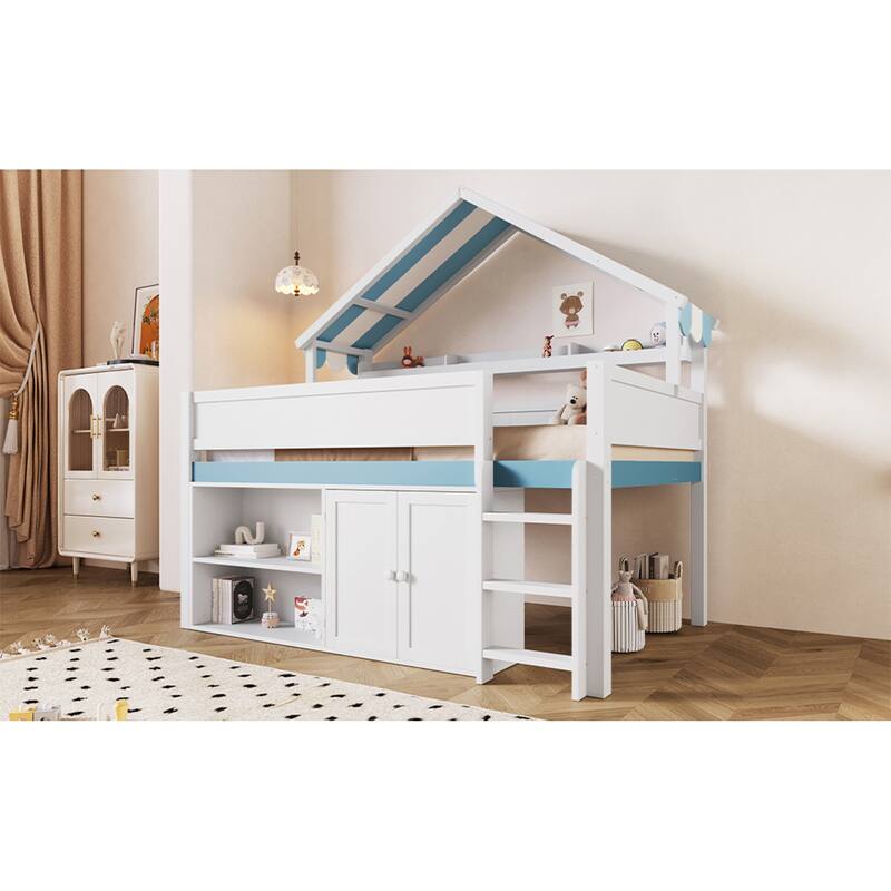 Roomfitters Full Size Loft Bed with House Canopy Roof and Storage Cabinet