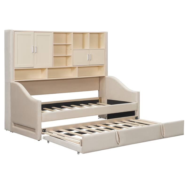 Twin Size Daybed with Storage Shelves, Upholstered Daybed with Lift-Up Trundle Bed Ergonomics Armrest Storage Cabinets LED Light