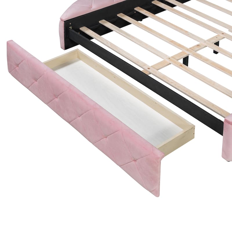 Low Profile Bed Queen Size Velvet Upholstered Platform Bed with Wingback Headboard, Big Drawer and 2 Semicircle Side Stools