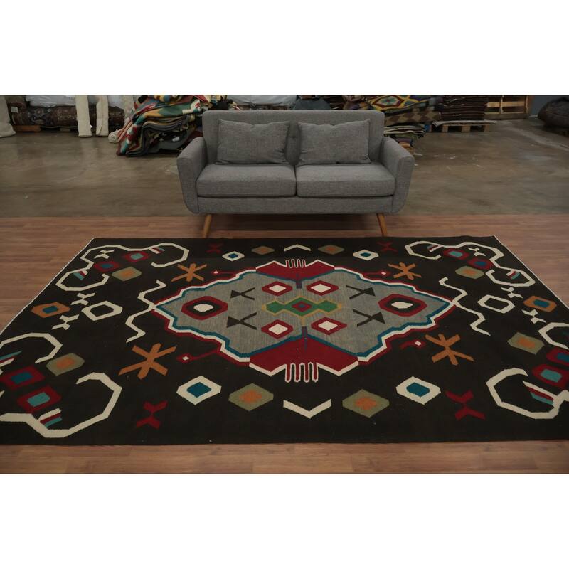 Hand Woven Oriental 100% Wool Carpet Southwestern Modern Black Kilim Area Rug - 9' 11'' X 6' 9''