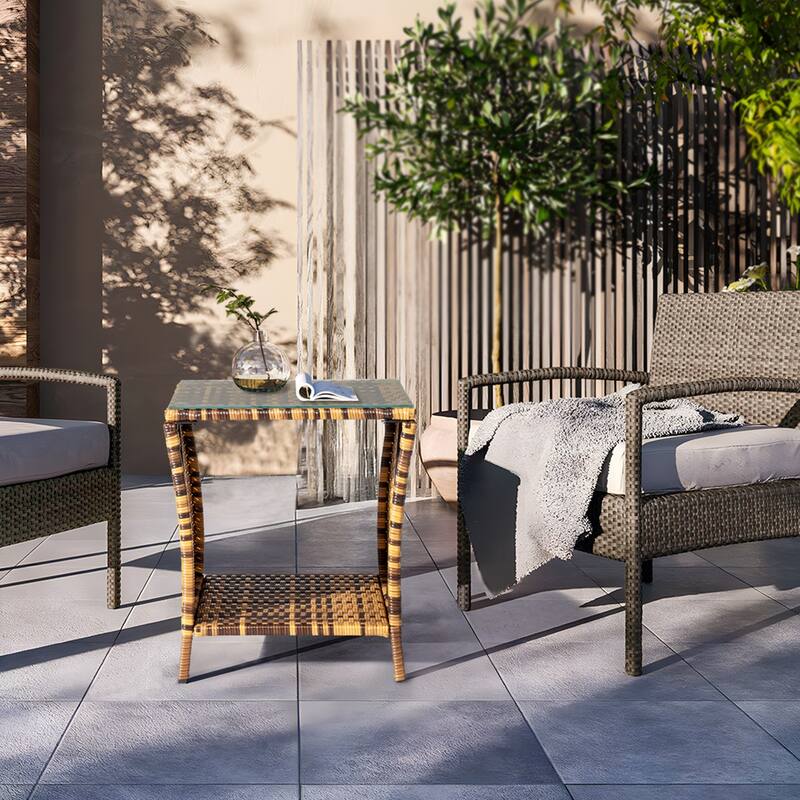 Yellow Gradient Rattan Side Table with Tempered Glass Top - 18.11 x 18.11 x 19.49