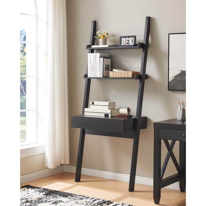 GDFStudio - Mason Modern Home Office Desk with Ladder Bookcase, One Drawer, and Two Shelves - Espresso