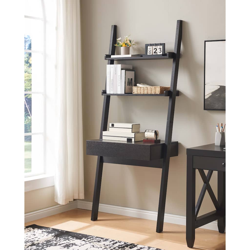 Home office desk workspace writing table bookcase ladder one drawer two shelves handleless design modern