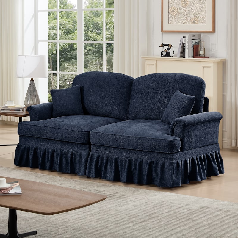 Mid-Century 2-Seat Sofa Couch with Flared Arms & Removable Ruffled Skirts, Retro Chenille Upholstered Loveseat for Living Room