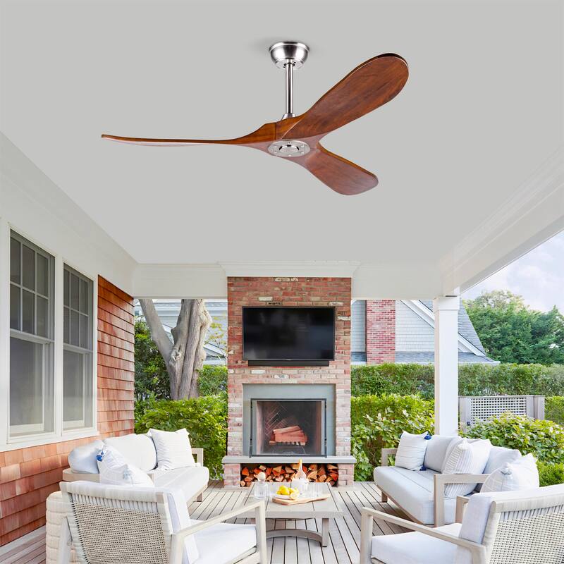 52" Solid Wood Ceiling Fan, Outdoor, 3 Blade, No Light, for Patio Living Room Bedroom Porch, Remote Control, Water Resistant