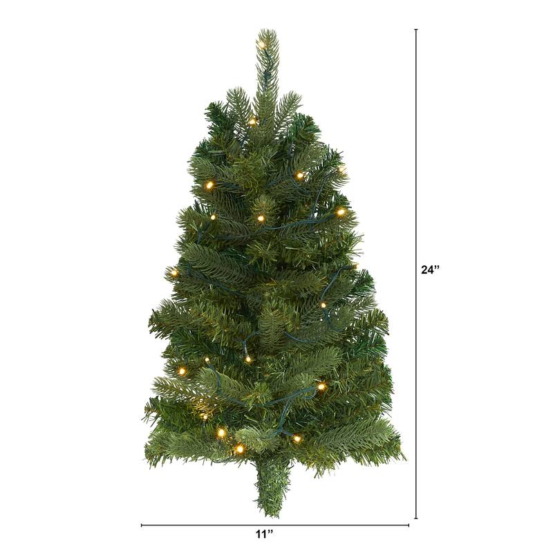 2ft. Flat Back Wall Hanging Artificial Christmas Tree with 20 Clear LED Lights - Compact Space-Saving Holiday X-Mas Décor