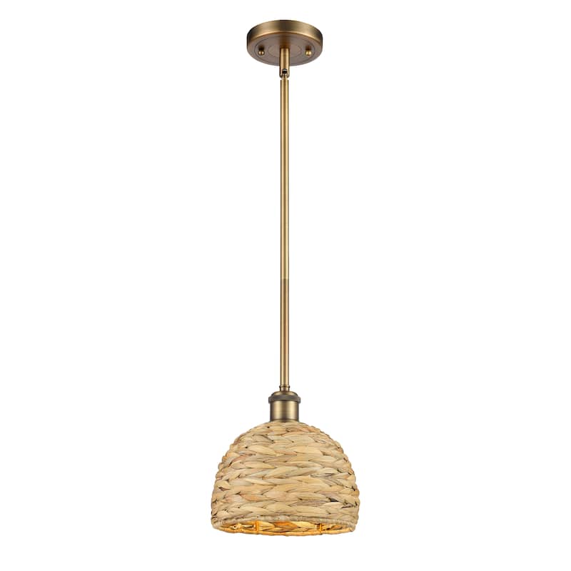 Innovations Lighting Woven Rattan - 1 Light 8" Stem Hung Pendant - Brushed Brass/Natural Rattan