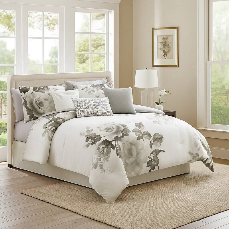 7 Piece Cotton King Comforter Set with Floral Print, Gray and White