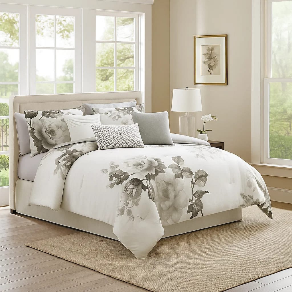 7 Piece Cotton King Comforter Set with Floral Print, Gray and White