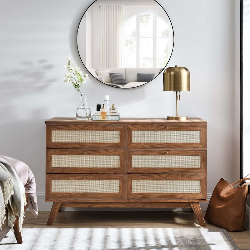 Soma 6-Drawer Dresser with Rattan Weave Fronts and Wood Grain Finish - Walnut - 6-drawer