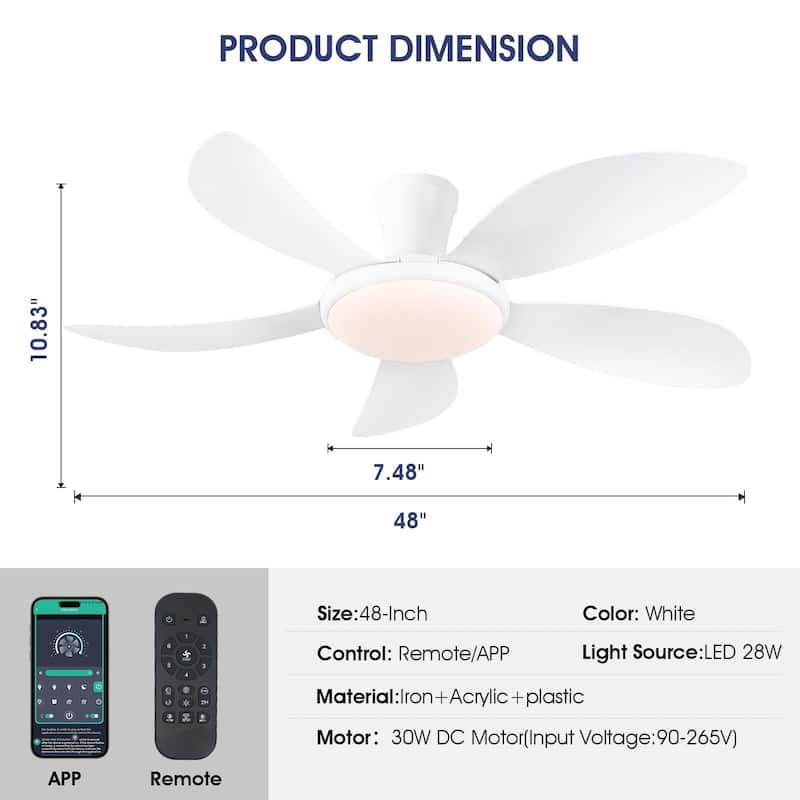 48 Inch Flush Mount DC Ceiling Fan with Lights, 5 Reversible Blades,3 CCT LED with Remote and APP Control - 48 Inches
