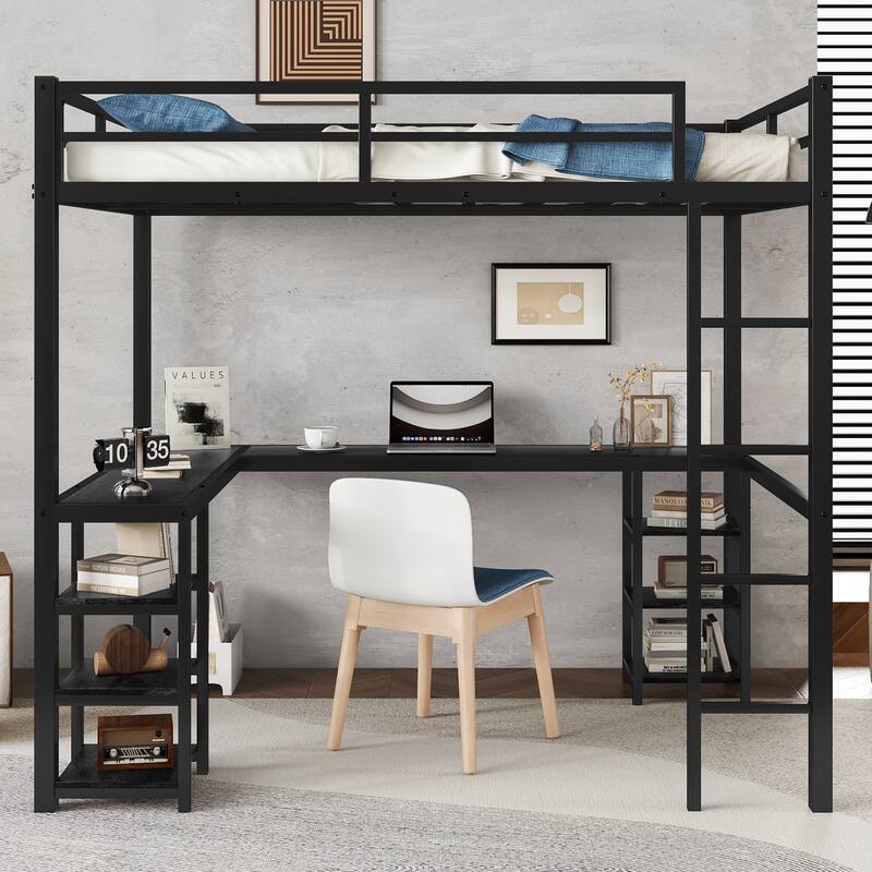 Roomfitters Metal Twin/Full Loft Bed with Desk & Shelves, Space-Saving Study Bed Frame with Ladder & Guardrails, Black