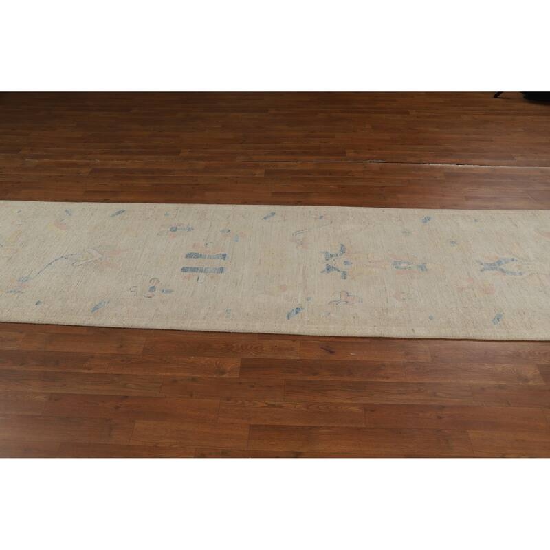 Hand Knotted Oriental 100% Wool Carpet Transitional Floral Beige & Ivories Oushak Runner Rug - 11' 9'' X 2' 9''