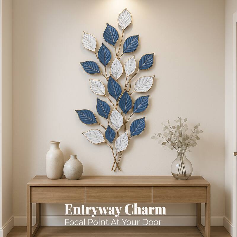 Green White Vertical 3D Leaf Metal Wall Art 36x19 Textured Iron Decor