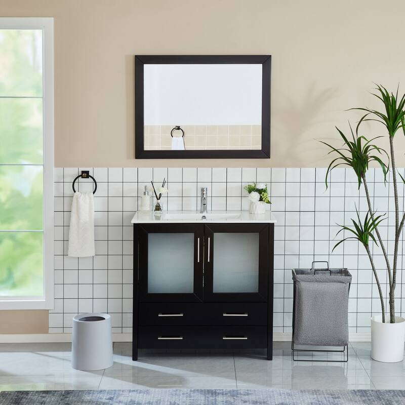 Vanity Art 36-Inch Single Sink Bathroom Vanity Set Dove-Tailed Drawers, 1 Cabinets, 1 Shelf, Soft-Closing Doors with Free Mirror - Espresso