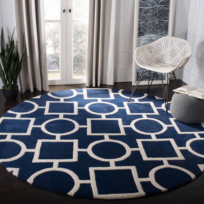 SAFAVIEH Handmade Chatham Alkinoi Modern Moroccan Wool Rug - 7' Round - Dark Blue/Ivory