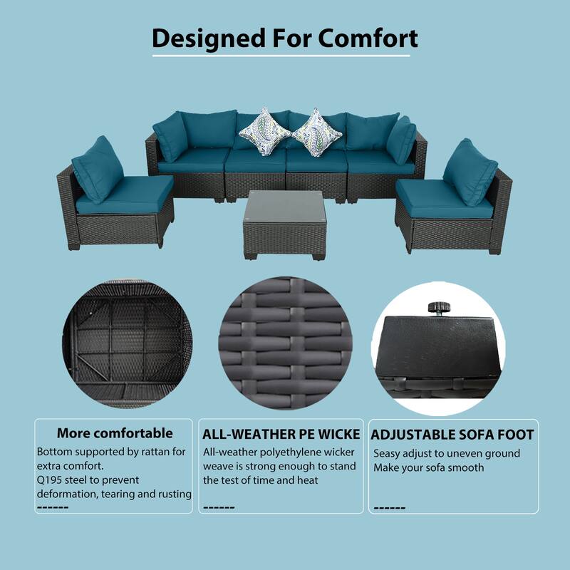 7-Piece Wicker Outdoor Sectional Set with Glass Table and Cushions