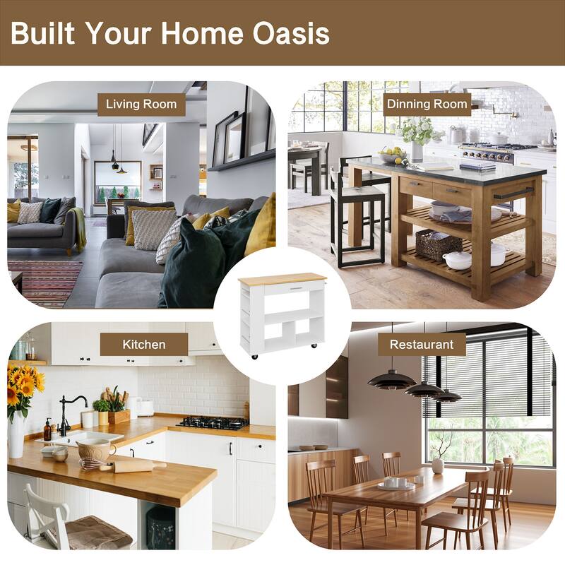 Kitchen Island with Towel Rack – Mobile Cart with Rubber Wood Top, Easy-Glide Storage