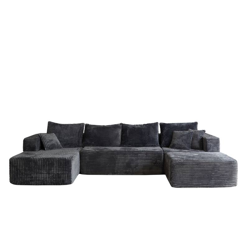 Modular Sectional Sofa with Chaise & Ottoman, Fabric Upholstered Boneless Cloud Sofa, Deep Seat Corner Sofa with Side Pockets - Gray