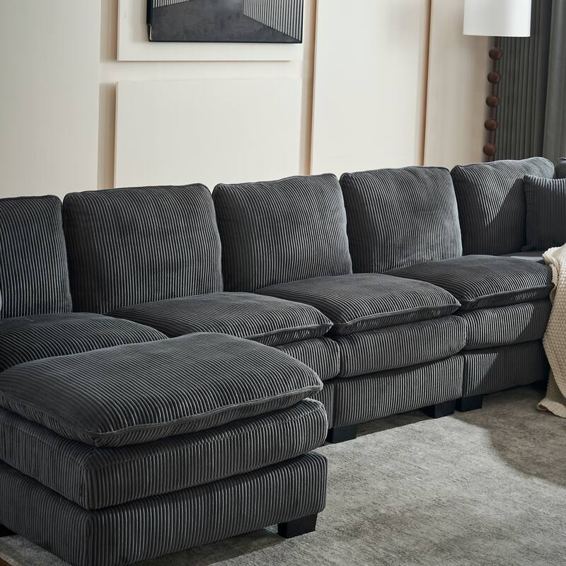 Grey 118.1'' Luxurious U-Shaped 6-Seat Sectional Sofa with Ottoman and 3 Throw Pillows, Durable Corduroy Upholstery