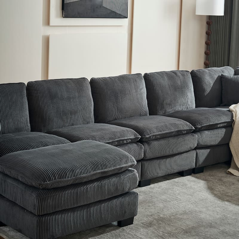 Grey 118.1'' Luxurious U-Shaped 6-Seat Sectional Sofa with Ottoman and 3 Throw Pillows in Durable Corduroy
