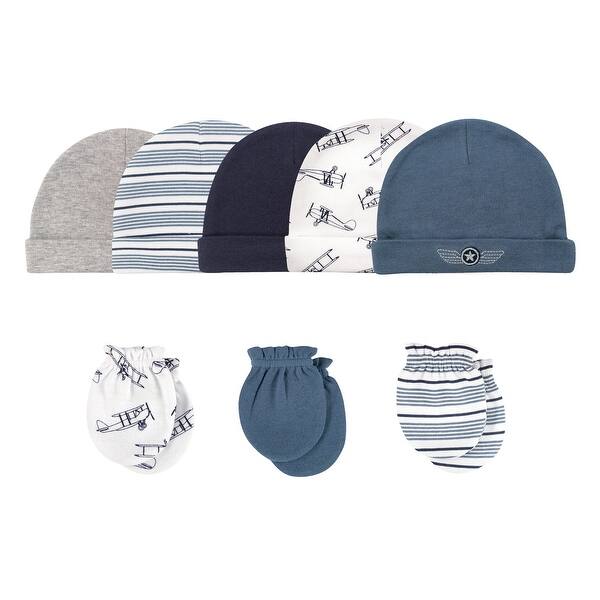 slide 1 of 1, Hudson Baby Infant Boy Cotton Cap and Scratch Mitten 8pc Set, Aviation, 0-6 Months - Aviation 0-6 Months - Aviation