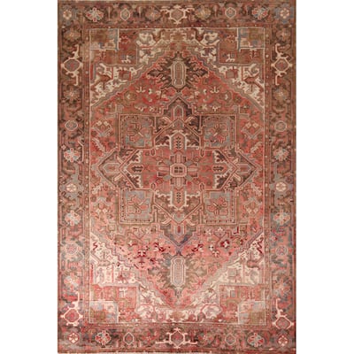 Red & Pink Traditional Heriz Persian Vintage Rug Handmade Wool Carpet - 7'5"x 10'7"