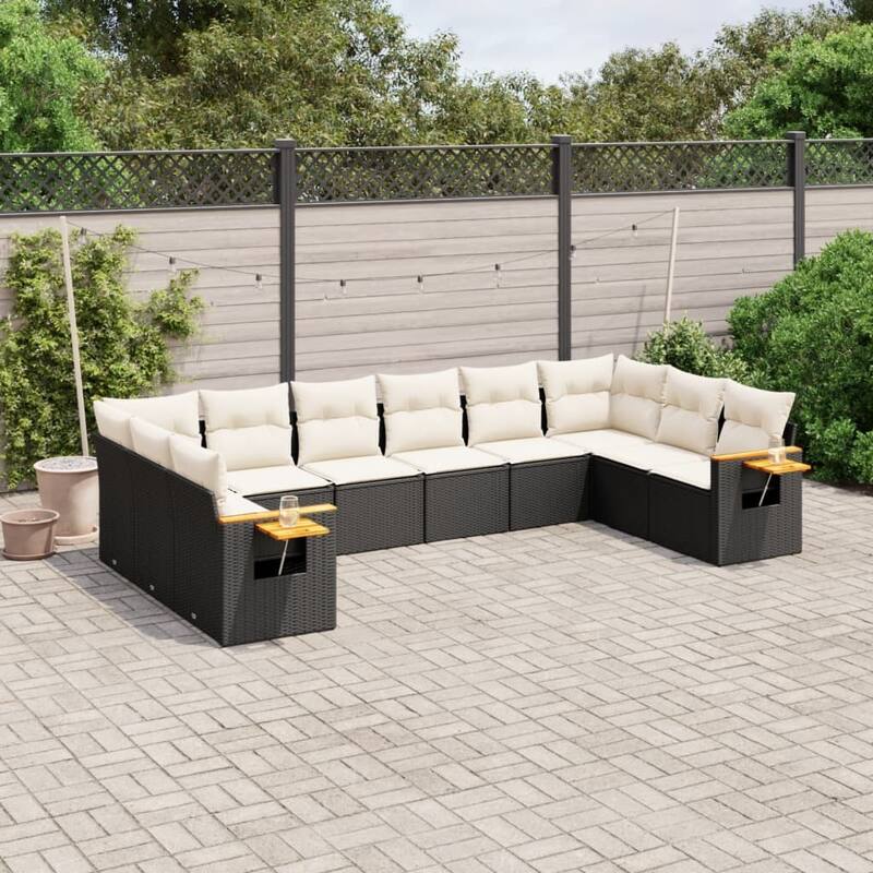 vidaXL Patio Sofa Set with Cushions Outdoor Conversation Furniture Poly Rattan - Black and cream without table - 24.4 x 24.4 x 27.2 in
